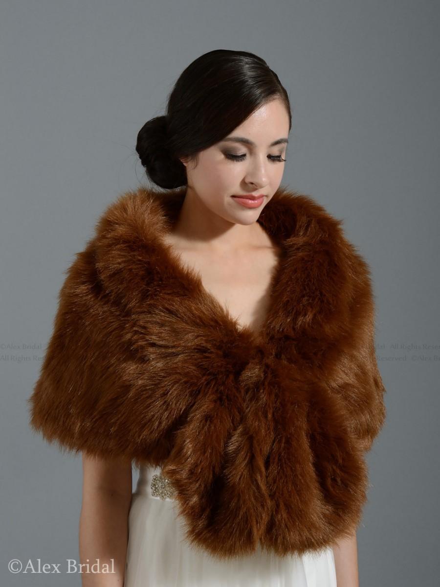 Wedding - Brown faux fur bridal wrap shrug stole shawl cape A001