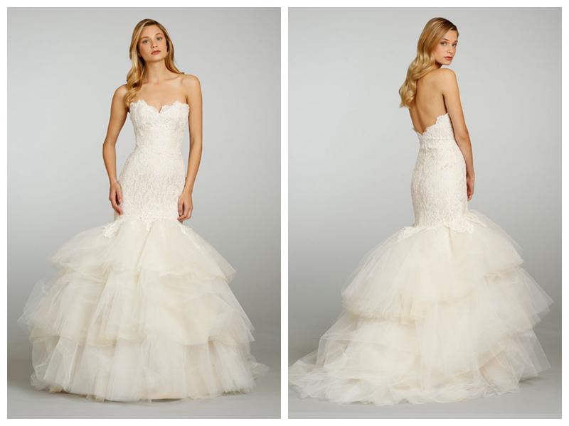 Mariage - Champagne Strapless Sweetheart Lace Wedding Dress with Circular Tiered Skirt