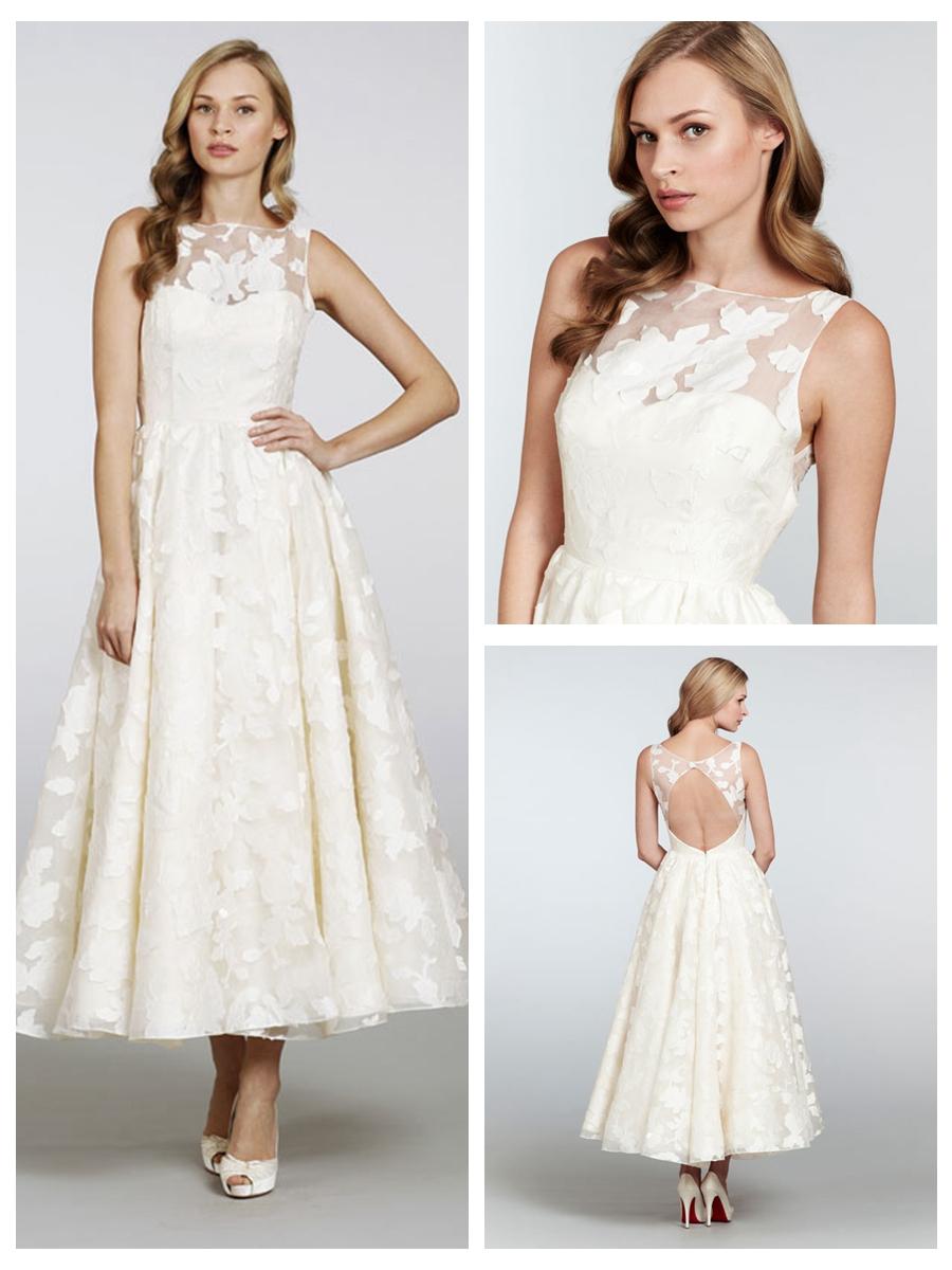 Свадьба - Tea-length Bateau Neckline Open Back Wedding Dress with Circular Skirt
