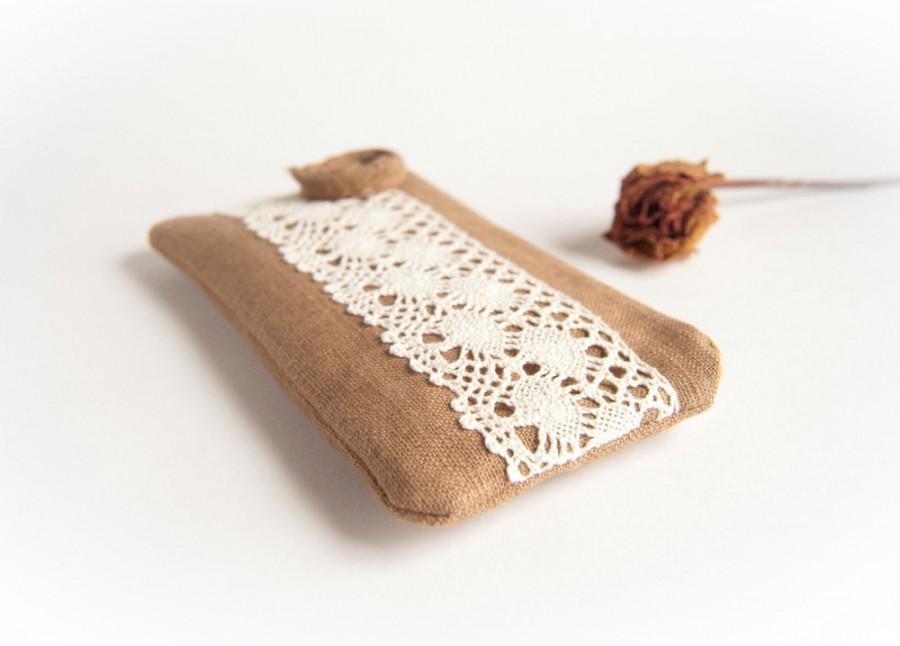 Mariage - Rustic Lace Wedding clutch purse, Fall linen amaretto brown wedding clutch purse, Romatic Lace Rose