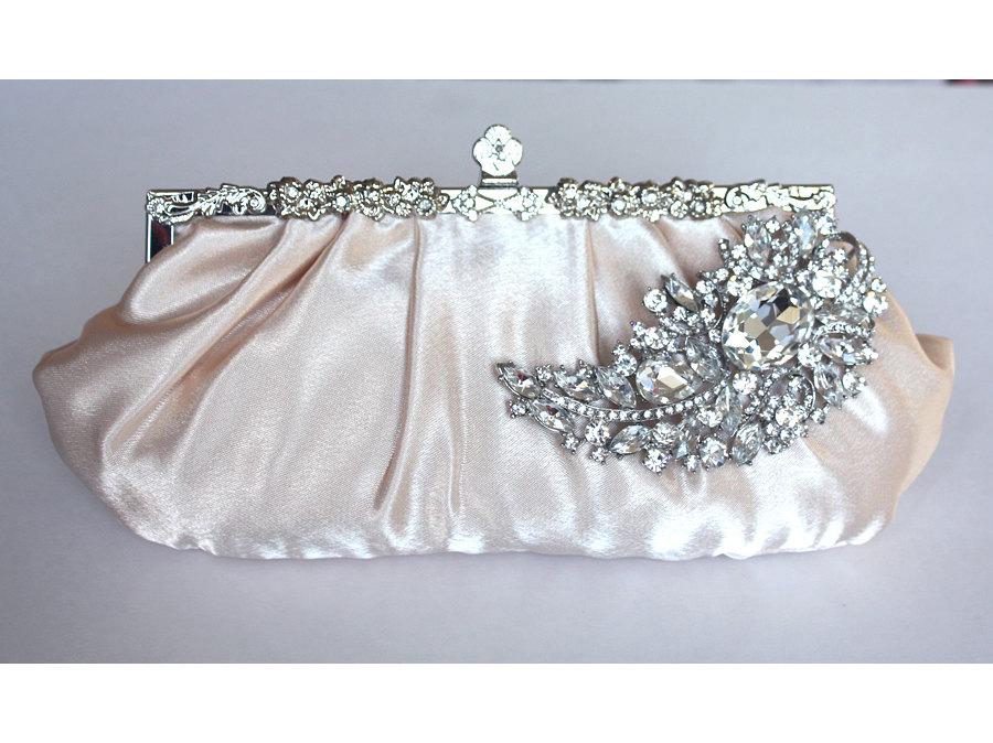 Mariage - Bridal Clutch - champagne satin with Swarovski Crystal feather brooch-ON sale  30% OFF