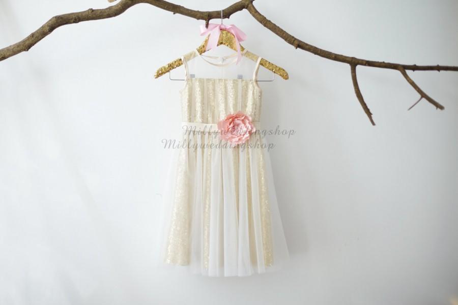 Hochzeit - Gold Sequin Ivory Tulle Flower Girl Dress Junior Bridesmaid Wedding Party Dress