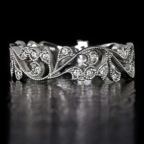 Mariage - 14K White Gold Handcrafted Art Nouveau Inspired Diamond Floral Wedding Band Vintage Antique Filigree Eternity Cocktail Ring .15ct 3768