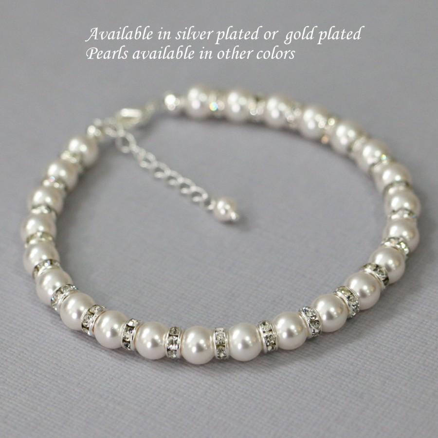Wedding - Swarovski White Pearl Bracelet, Bridesmaid Jewelry Maid of Honor Gift Bridal Bracelet Personalized Bridesmaid Gift, Mother of the Bride Gift