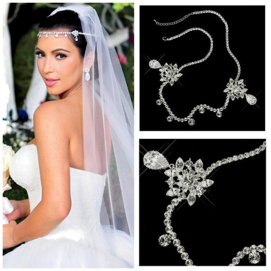 Hochzeit - Kim Kardashian Inspired Headband Silver Plated Crystal Rhinestone Bridal Wedding Hair Accessories