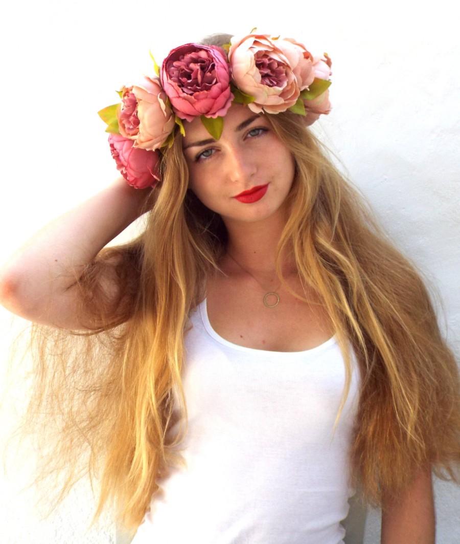 Mariage - Big flower crown, Pink  bridal headpiece,  Peonies hair wreath,Festival hairpiece, Wedding hair accessories,  Floral headband