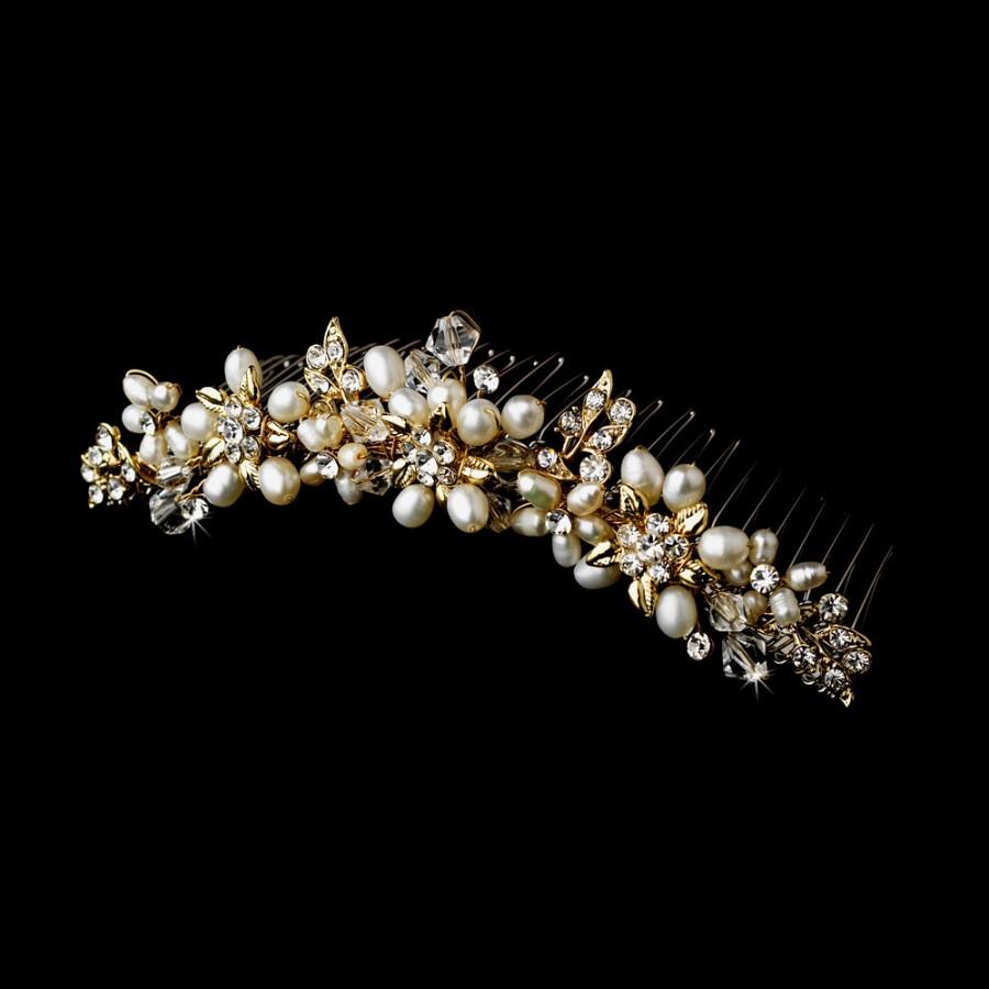 Hochzeit - gold pearl wedding comb vintage curved wedding hair comb freshwater pearl floral wedding hair accessories Downton Abbey wedding