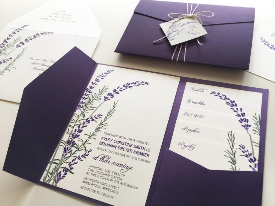 زفاف - Lavender Wedding Invitation Sample, Purple Pocketfold Tags Twine Botanical Lavender Wedding Invitation, Fall Wedding Bridal Shower Printable