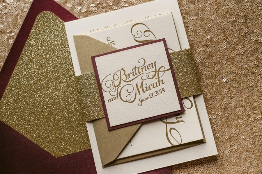 Hochzeit - Wine & Gold Glitter Fall Wedding Invitation, Gold Glitter Wedding Invite, Calligraphy Invitation, Burgundy Invitation - Sample Set