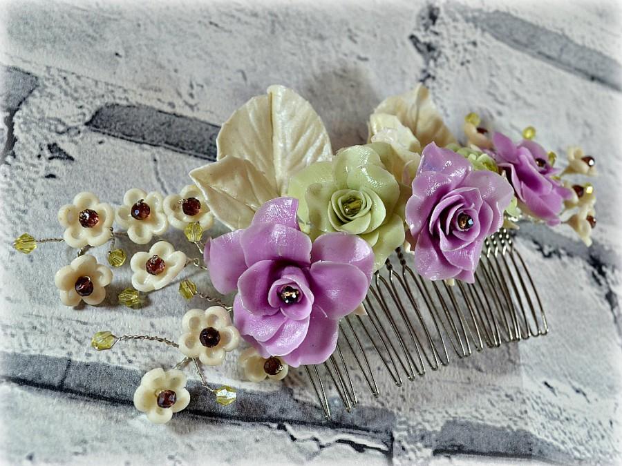 زفاف - Garden wedding hair piece, Bridal hair comb, Mint purple hair roses, Romantic wedding headpiece, Porcelain jewelry, Hair flower cluster
