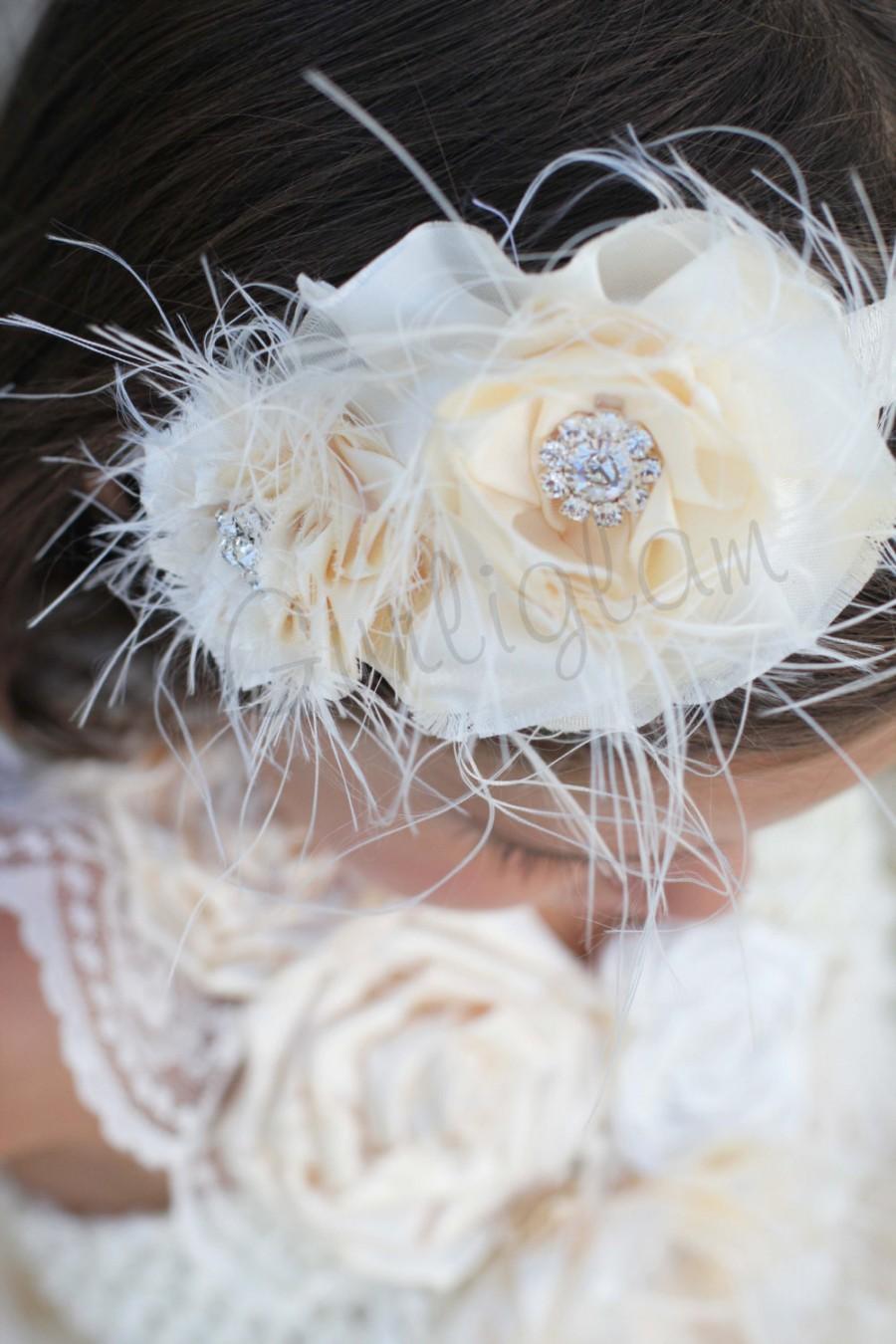 Hochzeit - Ivory shabby headband, flower girl headband, Baby girl headband, photo prop head piece