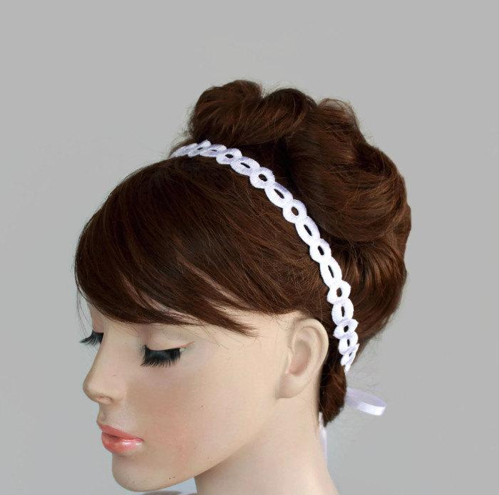 Mariage - White Eyelet Lace Trim Ribbon Bridal Tie Headband, Weddings Head Piece  Tiara.