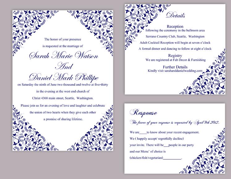 Свадьба - DIY Wedding Invitation Template Set Editable Word File Instant Download Printable Flower Invitation Blue Invitation Navy Blue Invitation