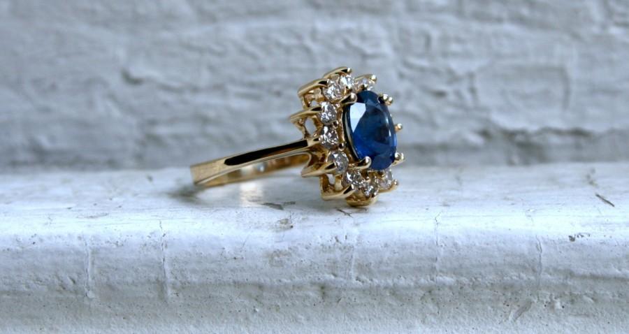 Wedding - Vintage 14K Yellow Gold Diamond and Sapphire Halo Engagement Ring - 1.98ct.