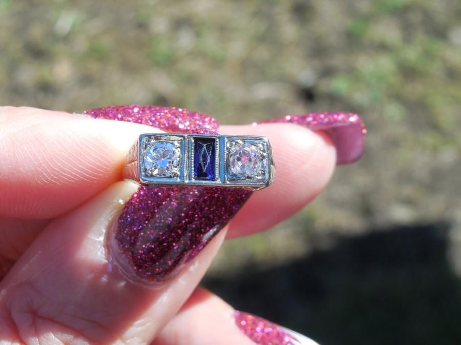 Wedding - Art Deco 3 stone Diamond and Sapphire Ring 18k White Gold Mine Cut Diamond European Cut Diamond