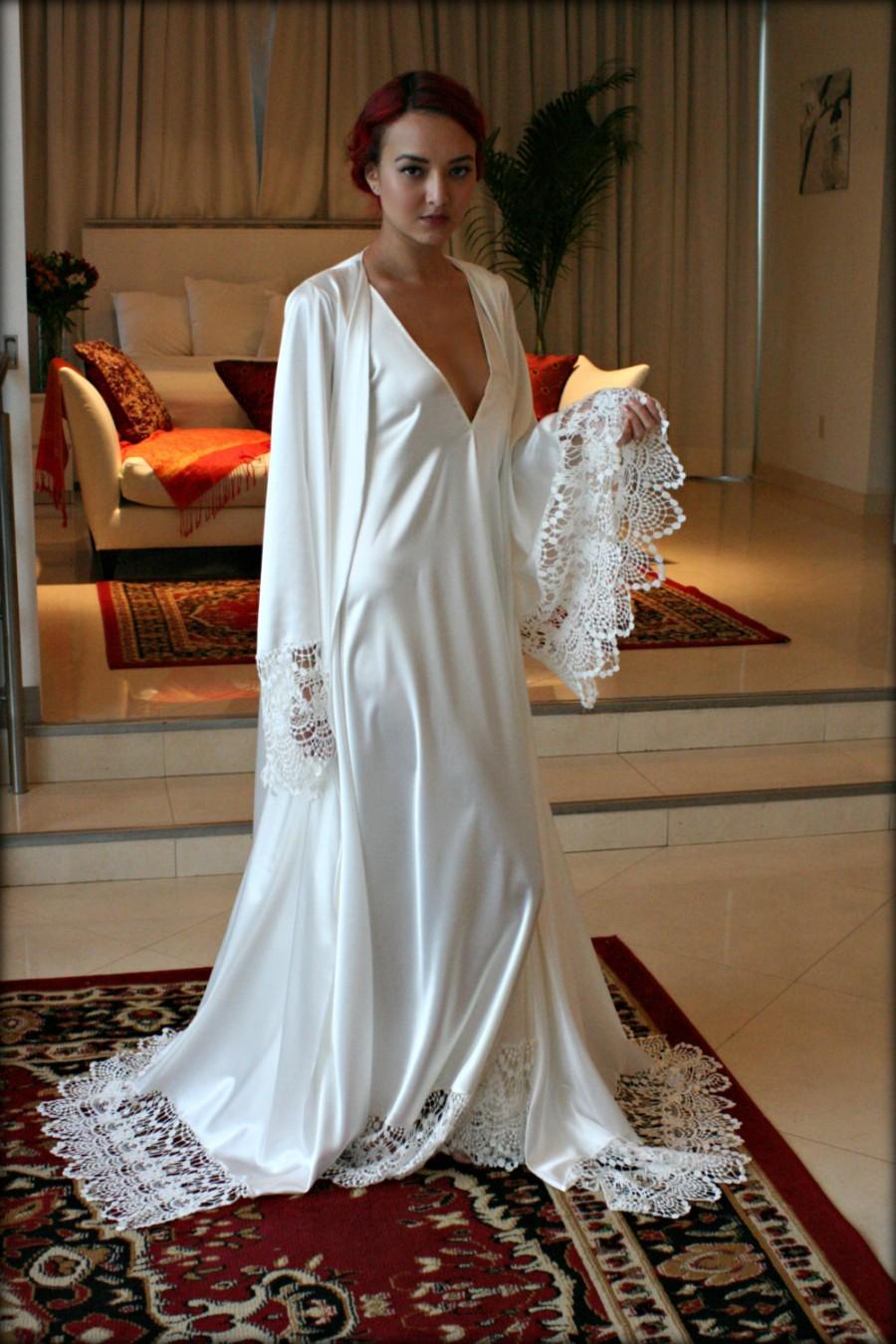 زفاف - Satin Bridal Robe Wedding Trousseau Sleepwear Venise Lace Art Deco Wedding Lingerie Sarafina Prima Dressing Gown