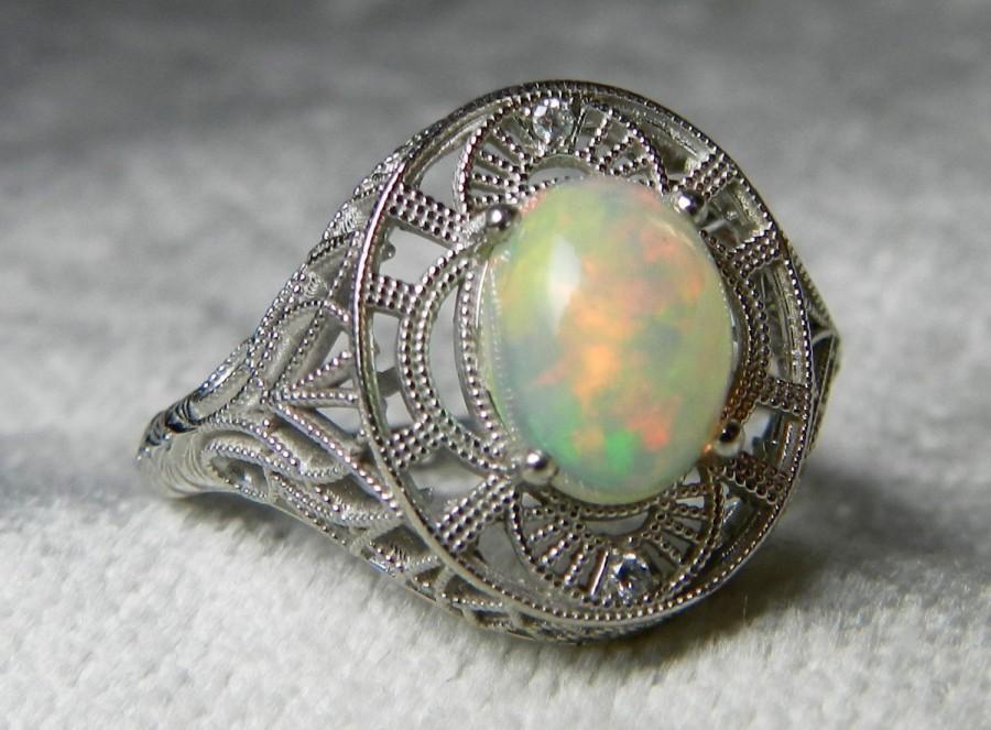 زفاف - Opal Engagement Ring Diamond Halo Opal Engagement Ring  Art Deco Style Ring 1.0 Carat Opal in 14k white gold