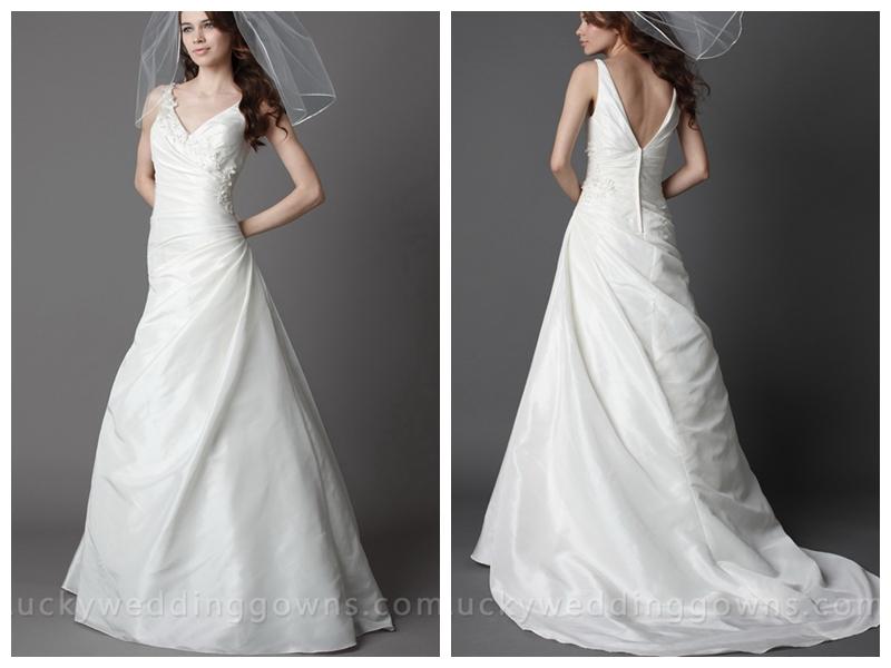 Wedding - Ivory V-neck Taffeta Asymmetrical Chapel Train Wedding Dress with Full A-line Skirt