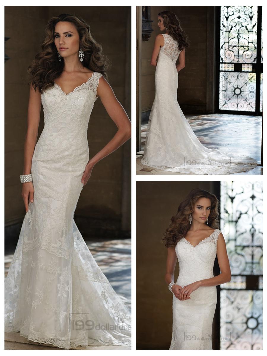 Mariage - Sleeveless Fit and Flare V-neck Wedding Dresses with Illusion Lace Back