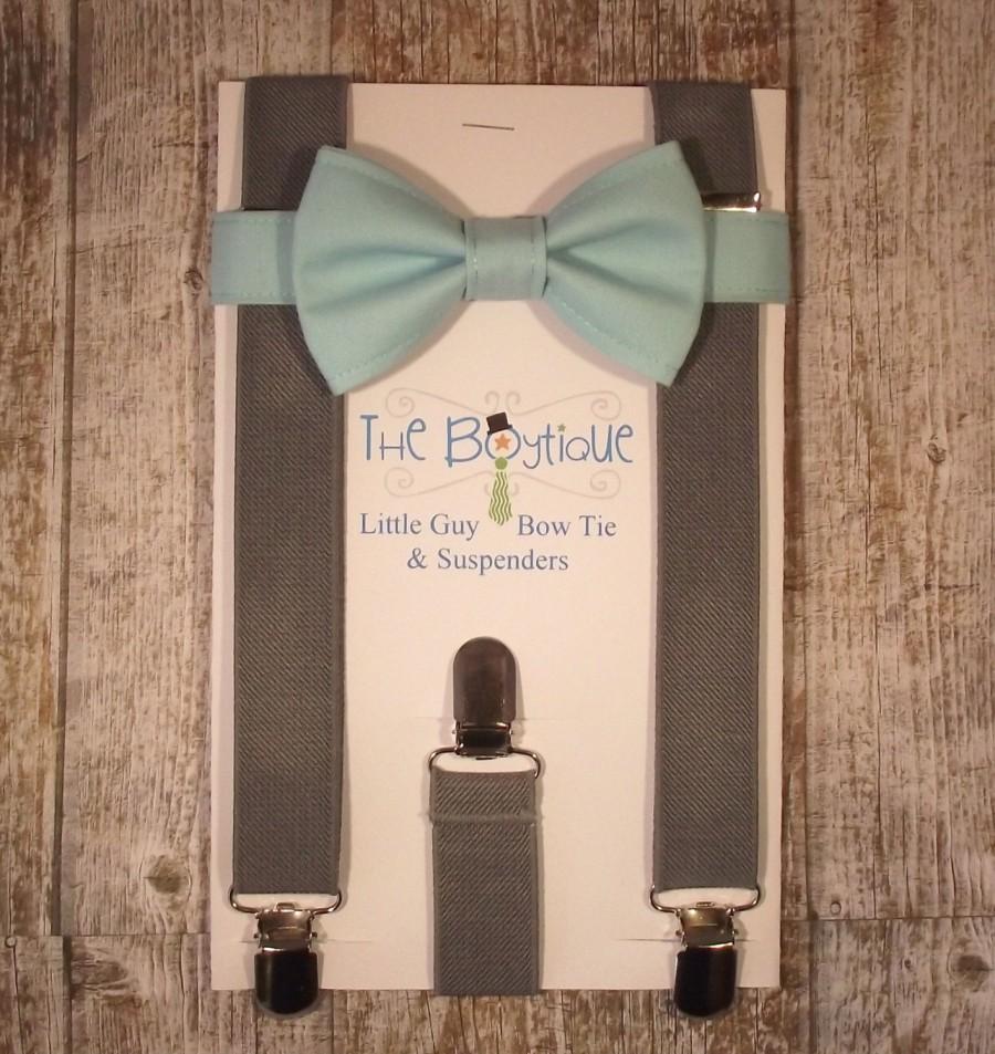 Mariage - Tiffany Blue Bow Tie and Suspenders: Tiffany Bow Tie and Grey Suspenders, Toddler Suspenders, Baby Suspenders, Wedding, Ring Bearer Gift