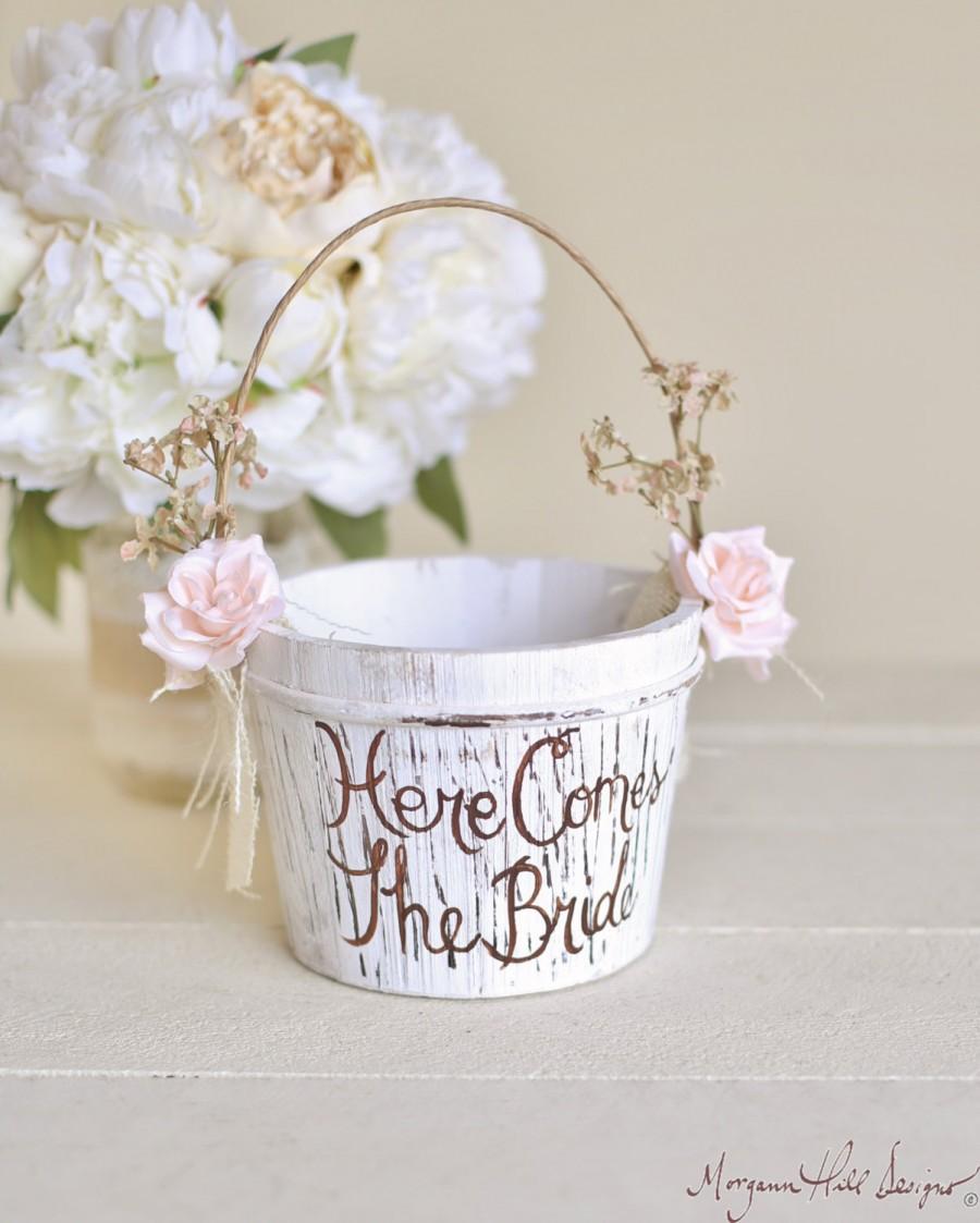 Here comes the bride flower girl basket rustic shabby chic wedding ...