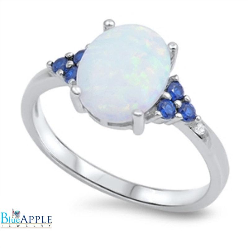 زفاف - Solid 925 Sterling Silver 1.86 Carat Oval Lab Created White Opal Round Deep Blue Sapphire Wedding Engagement Anniversary Ring Gift
