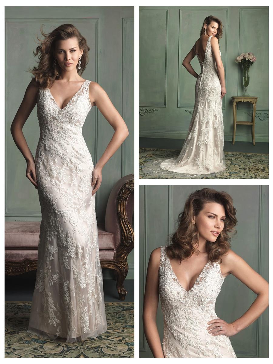 زفاف - Romantic Lace Appliques V-neck and V-back Floor Length Wedding Dress