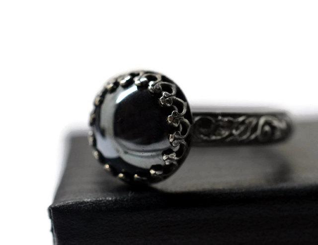 Wedding - 10mm Hematite Ring, Gothic Silver Ring, Black Gemstone, Blackened Silver Jewelry, Renaissance Style Ring