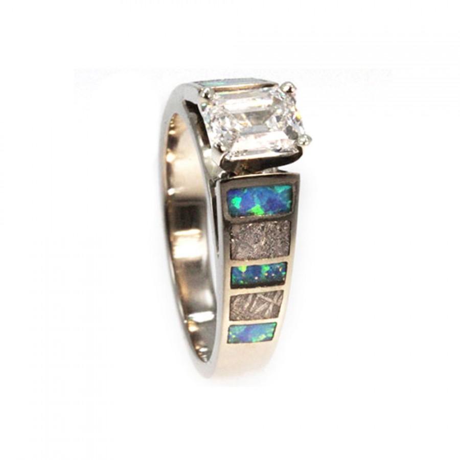 زفاف - White Gold Cathedral Style Diamond Engagement Ring with Meteorite and Opal Inlays, Custom Ring