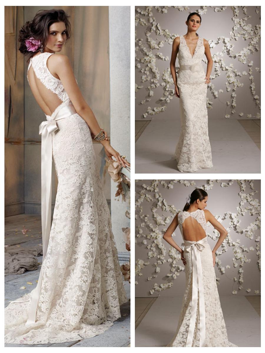 Wedding - Deep V-neck Floor Length Open Back Wedding Dress