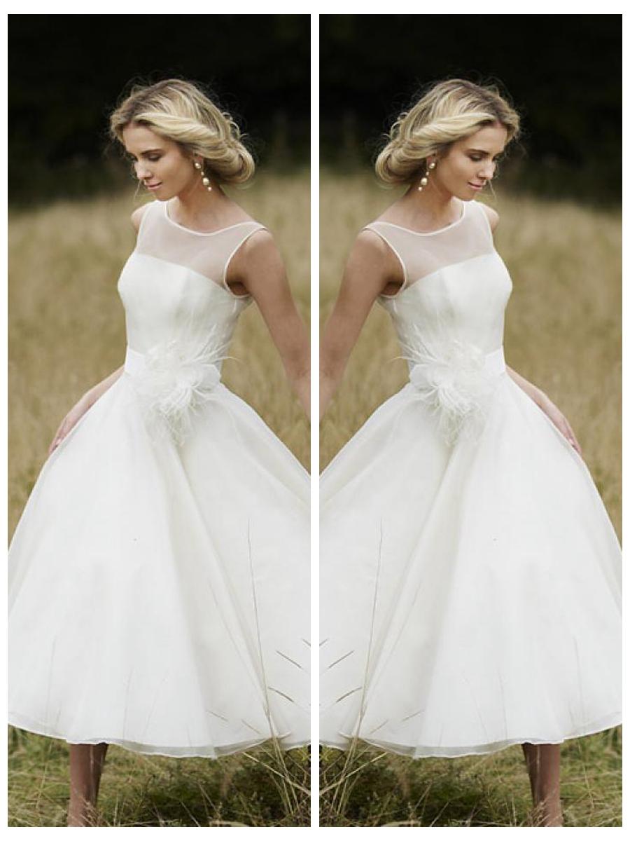 Hochzeit - Straps Scoop Neckline Princess A-line Tea Length Wedding Dress