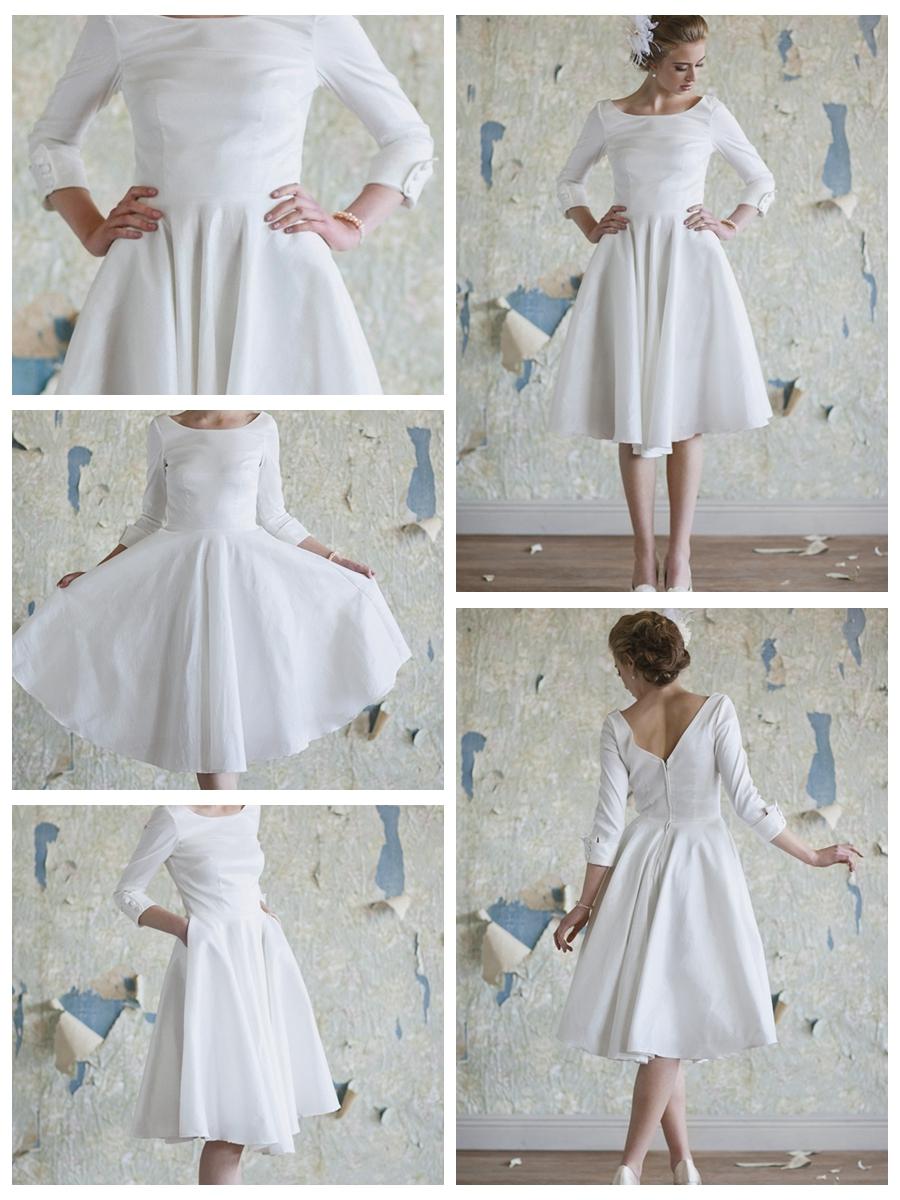 Hochzeit - Elegant A-Line Jewel Long Sleeves Tea Length Wedding Dress