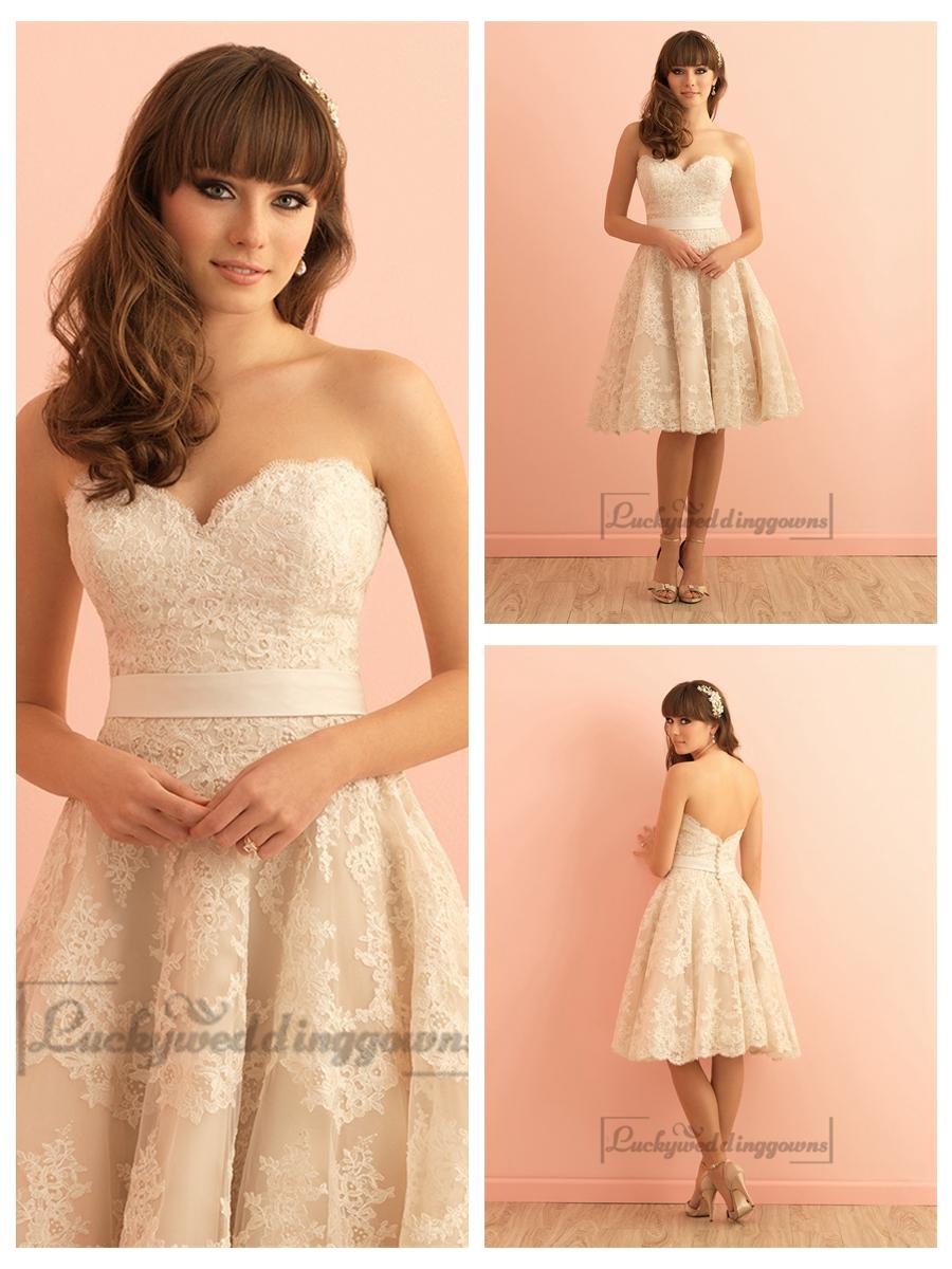 Mariage - Strapless Sweetheart Knee Length Vintage Lace Wedding Dress