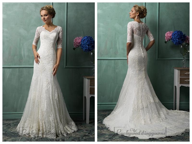Mariage - Half Sleeves V Neckline Lace Wedding Dresses