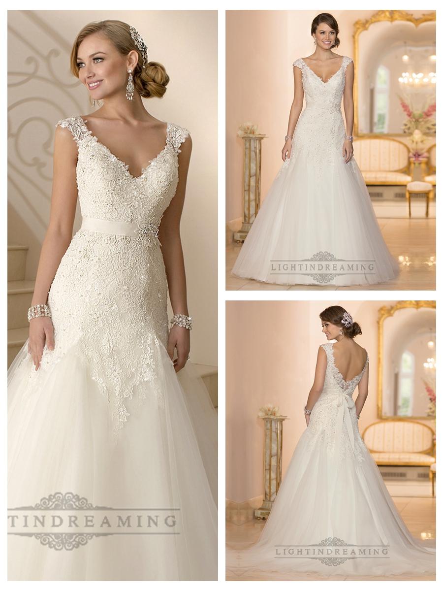 زفاف - Cap Sleeves V-neck A-line Lace Beaded Deep V-back Wedding Dresses