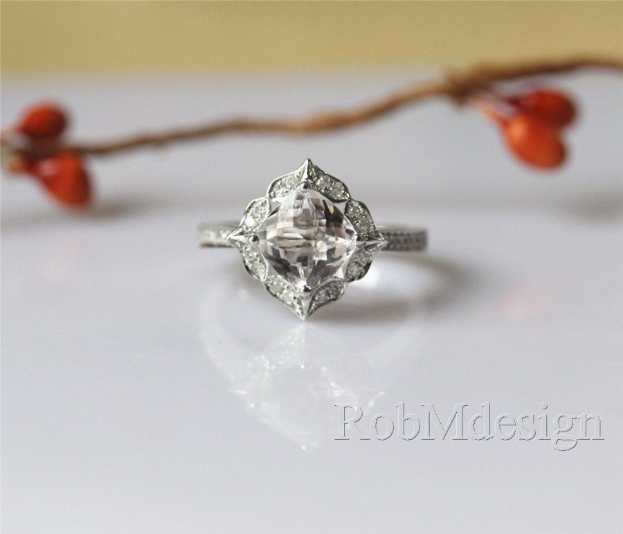 Wedding - Stackable Peach Pink Morganite Ring Vintage Floral Design Engagement Ring 14k White Gold Ring Diamond Ring Wedding Ring