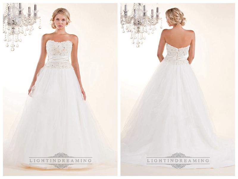 Hochzeit - Strapless A-line Wedding Dresses with Rosette Swirled Embellishment Bodice