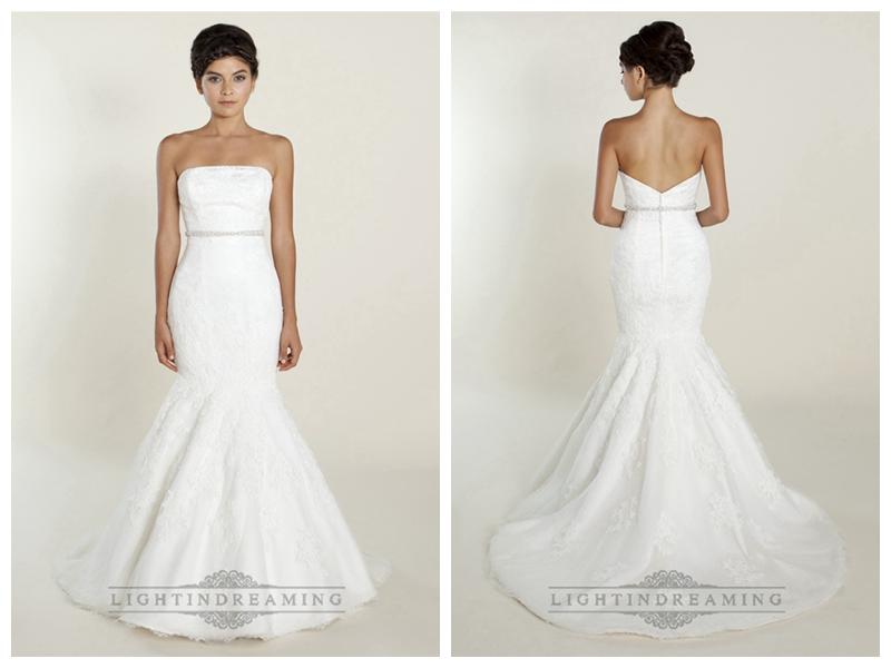 زفاف - Fit and Flare Strapless Lace Wedding Dresses with Beaded Belt