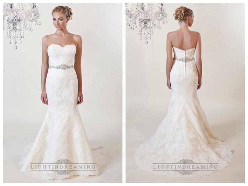 Mariage - Strapless Mermaid Sweetheart Lace Wedding Dresses with Beaded Belt