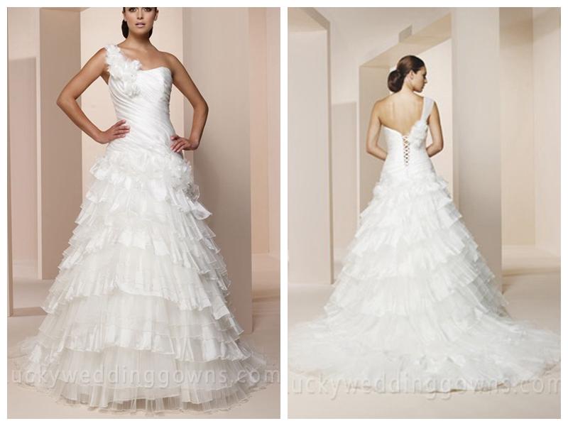 Hochzeit - One-shoulder Organza Wedding Dress with Lace-up Back