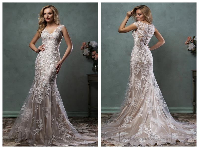 زفاف - Luxury Mermaid V-neck Lace Wedding Dress with Illusion Back