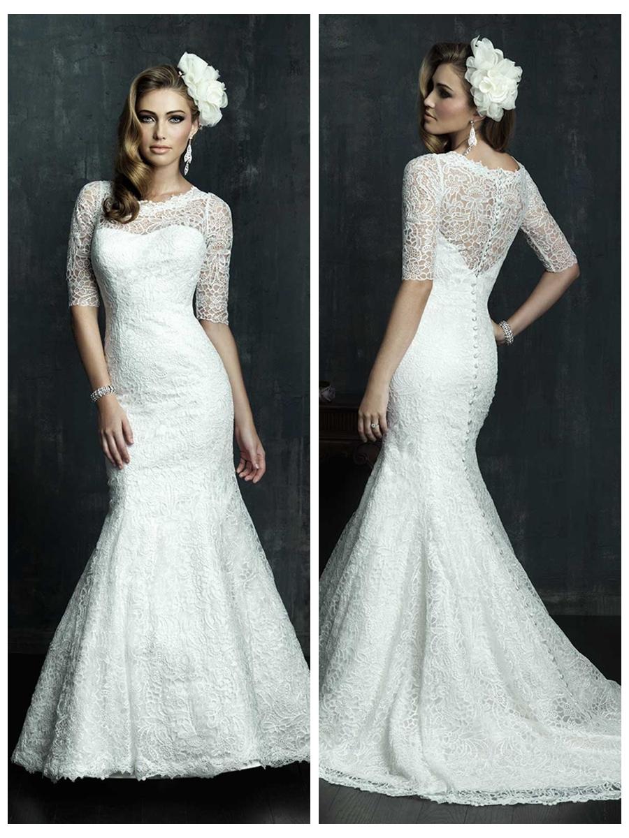 Mariage - Half Sleeves Scooped Neckline Wedding Dress with Covered Sheer Lace Back