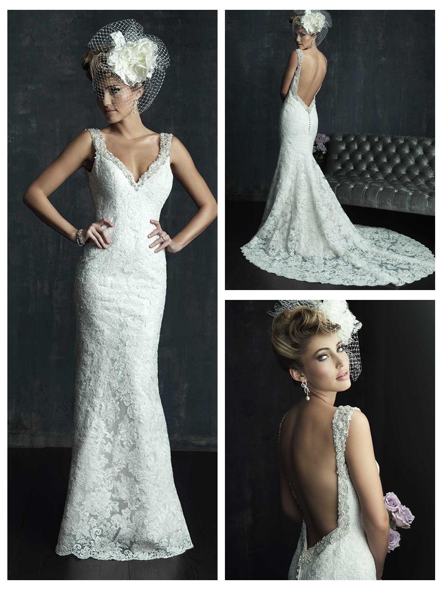 Mariage - Beaded Straps Plunging Neckline Wedding Dress with Low Back