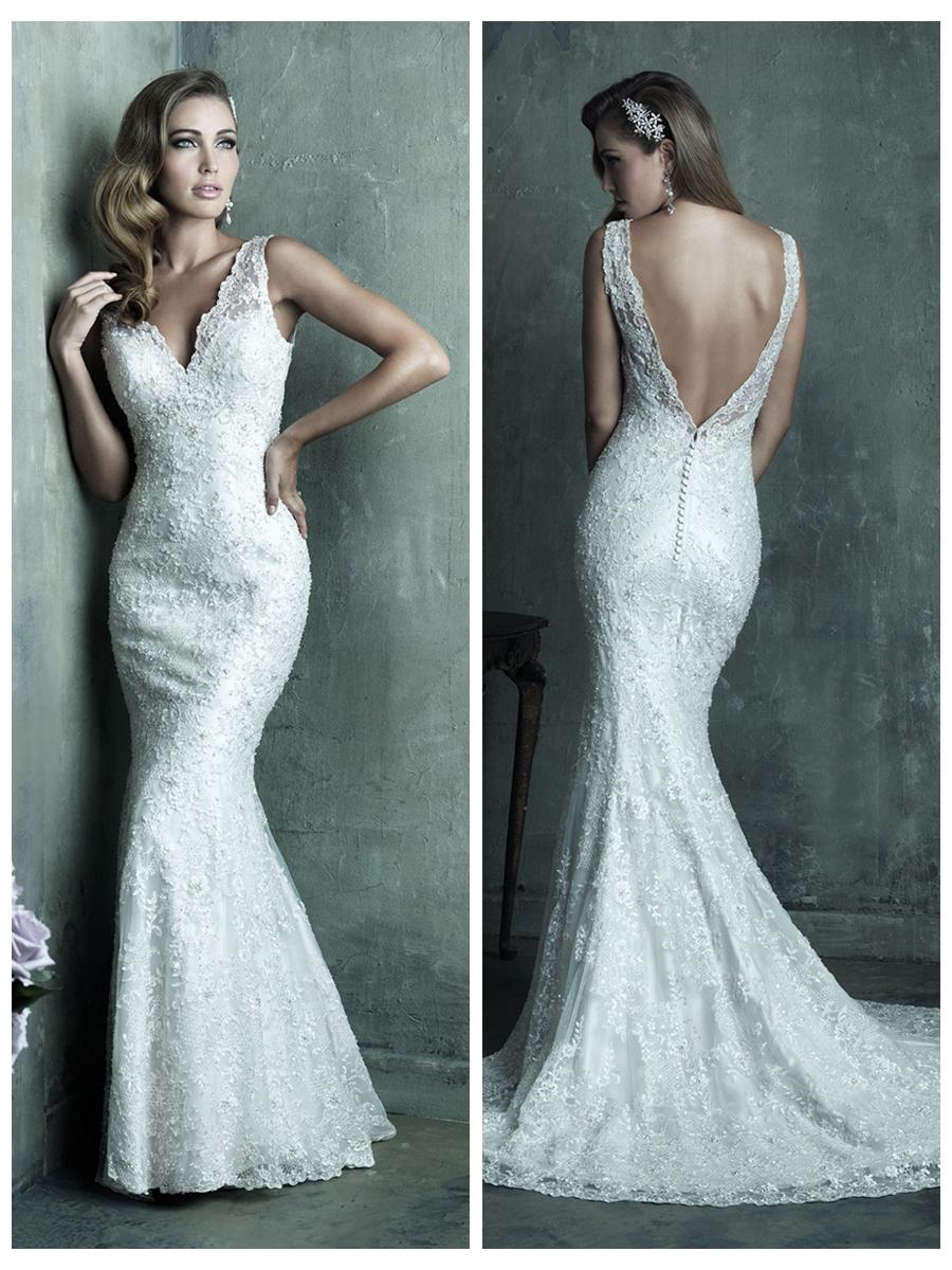 Dreamy Lace Sheath V neck Wedding Dress With Deep V back 2453895 Weddbook