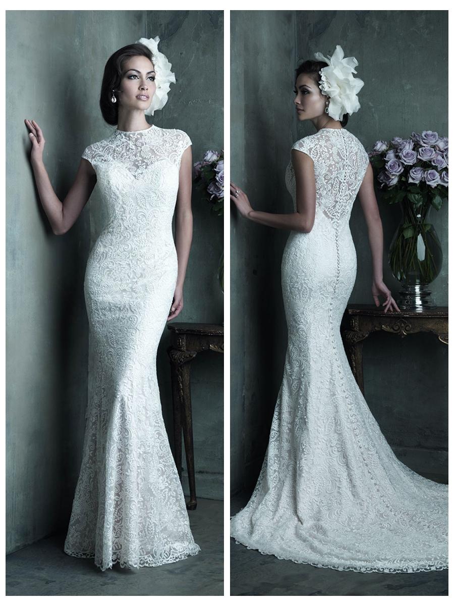 Mariage - Elegant High Neckline Cap Sleeves Sheath Lace Wedding Dress