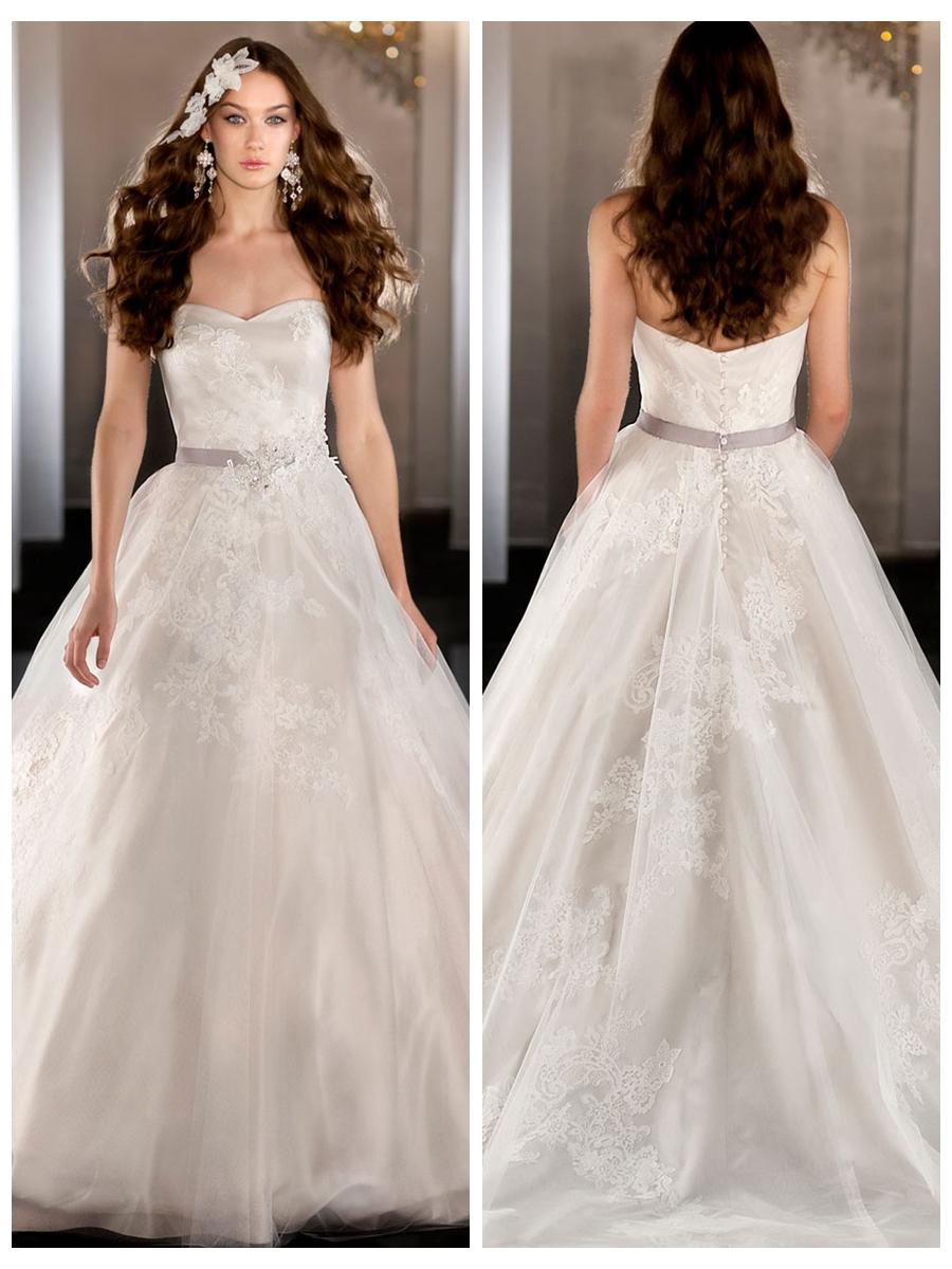Wedding - Strapless Tulle Sweetheart Lace Appliques Ball Gown Wedding Dress with Beaded Belt