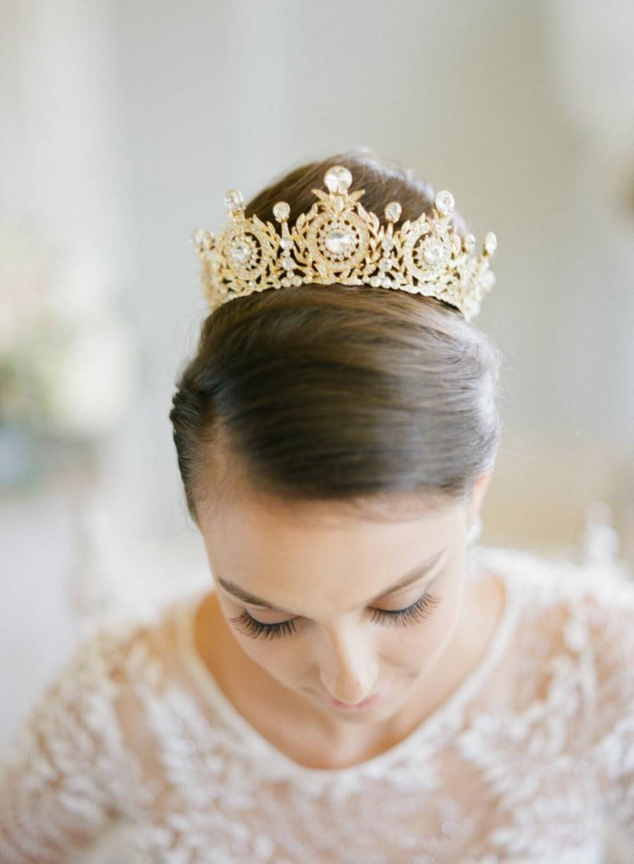Wedding - Edwardian Gold Full Bridal Crown, Swarovski Crystal Gold Wedding Crown, Gold Bridal Diadem, Gold Wedding Tiara, Diamante Tiara, Bridal Crown