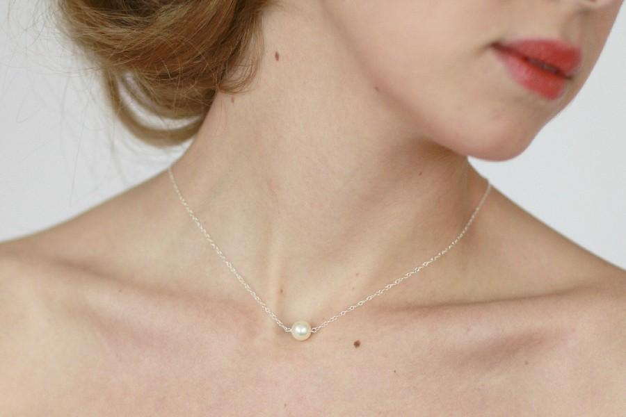 Wedding - Pearl Wedding Necklace, Bridal Single Pearl Chain Necklace , Bridesmaid Simple Pearl Necklace