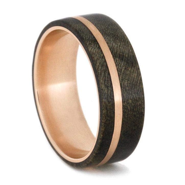 زفاف - Rose Gold Ring with Buckeye Burl Wood Overlay and 14k Rose Gold Pinstripe