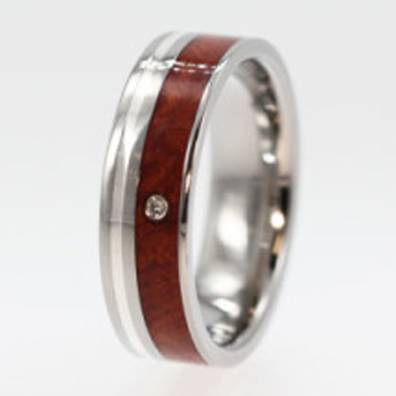 Hochzeit - Palladium Ring, Amboyna Burl Wood Ring, Diamond Ring, Ring Armor Included, Wood Wedding Band